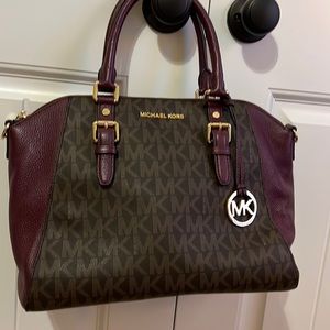 Michael Kora Ciara lg. satchel- brown signature and plum leather.  Brand New.